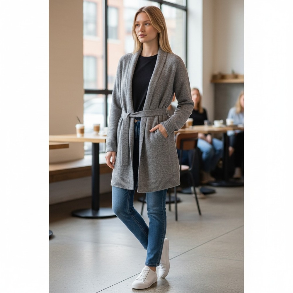 Peyton Jensen Heather Gray Longline Belted Cardigan Shawl Collar Small